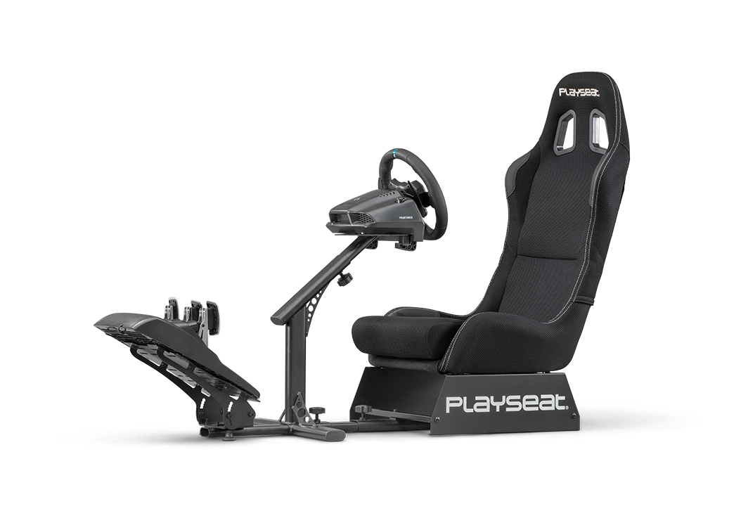 Playseat Evolution sim racing seat with GT-style cockpit design, sturdy frame, and adjustable wheel and pedal support.