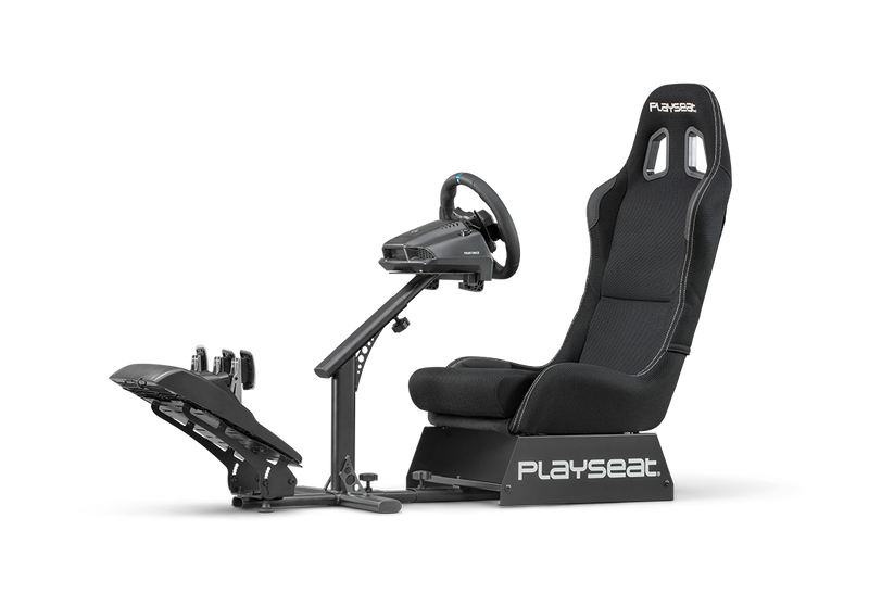 Playseat Evolution sim racing seat with GT-style cockpit design, sturdy frame, and adjustable wheel and pedal support.