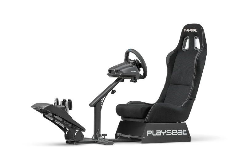 Playseat Evolution sim racing seat with GT-style cockpit design, sturdy frame, and adjustable wheel and pedal support.