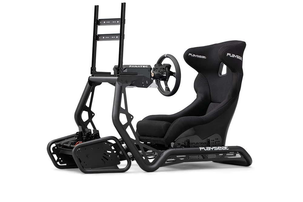 Playseat Sensation PRO sim racing cockpit with GT-style seat, steel frame, and adjustable components for a realistic racing experience.