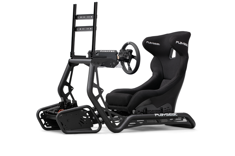 Playseat Sensation PRO sim racing cockpit with GT-style seat, steel frame, and adjustable components for a realistic racing experience.