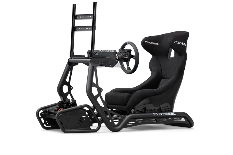 Playseat Sensation PRO sim racing cockpit with GT-style seat, steel frame, and adjustable components for a realistic racing experience.