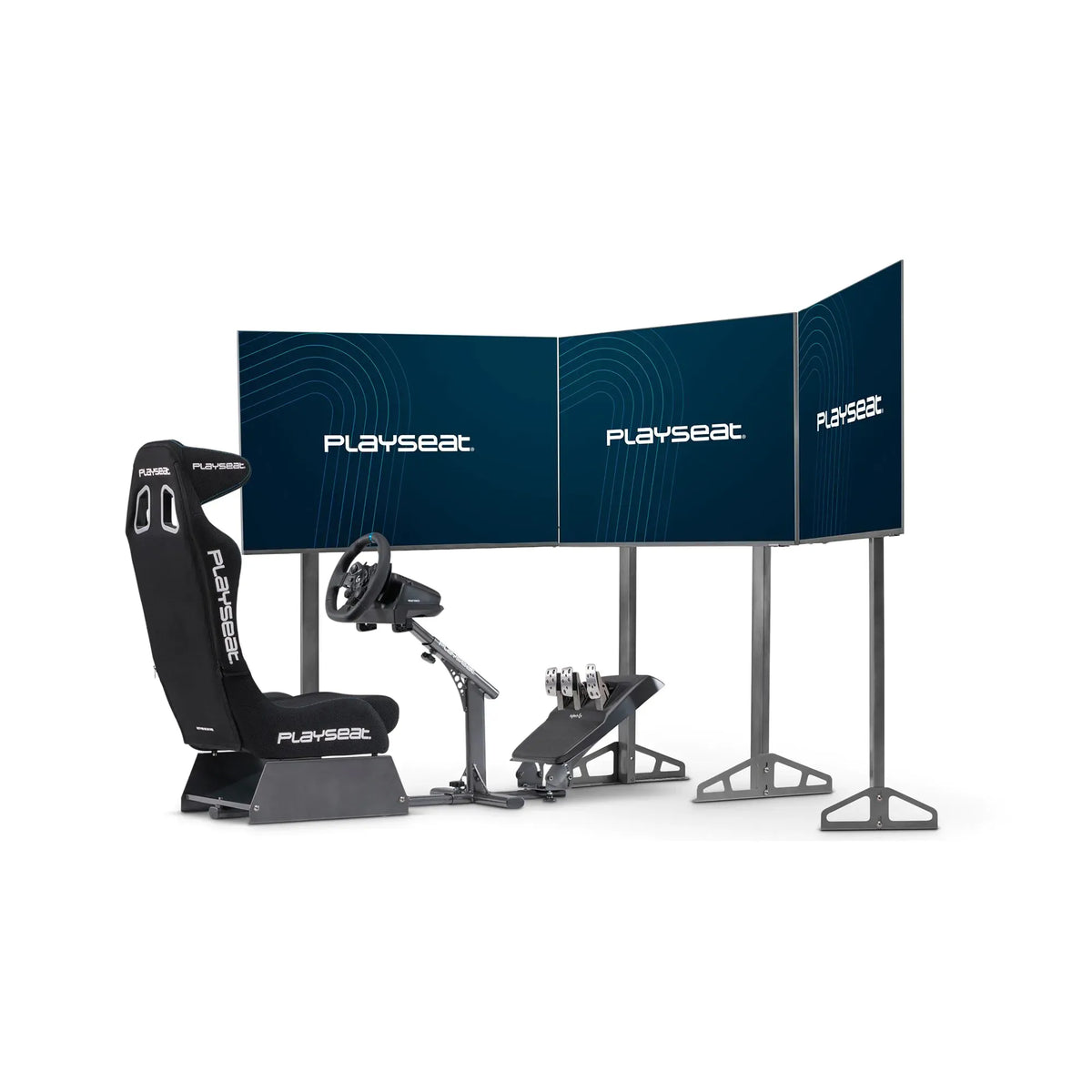 Playseat TV Stand Triple with Playseat Evolution PRO with a Logitech steering wheel