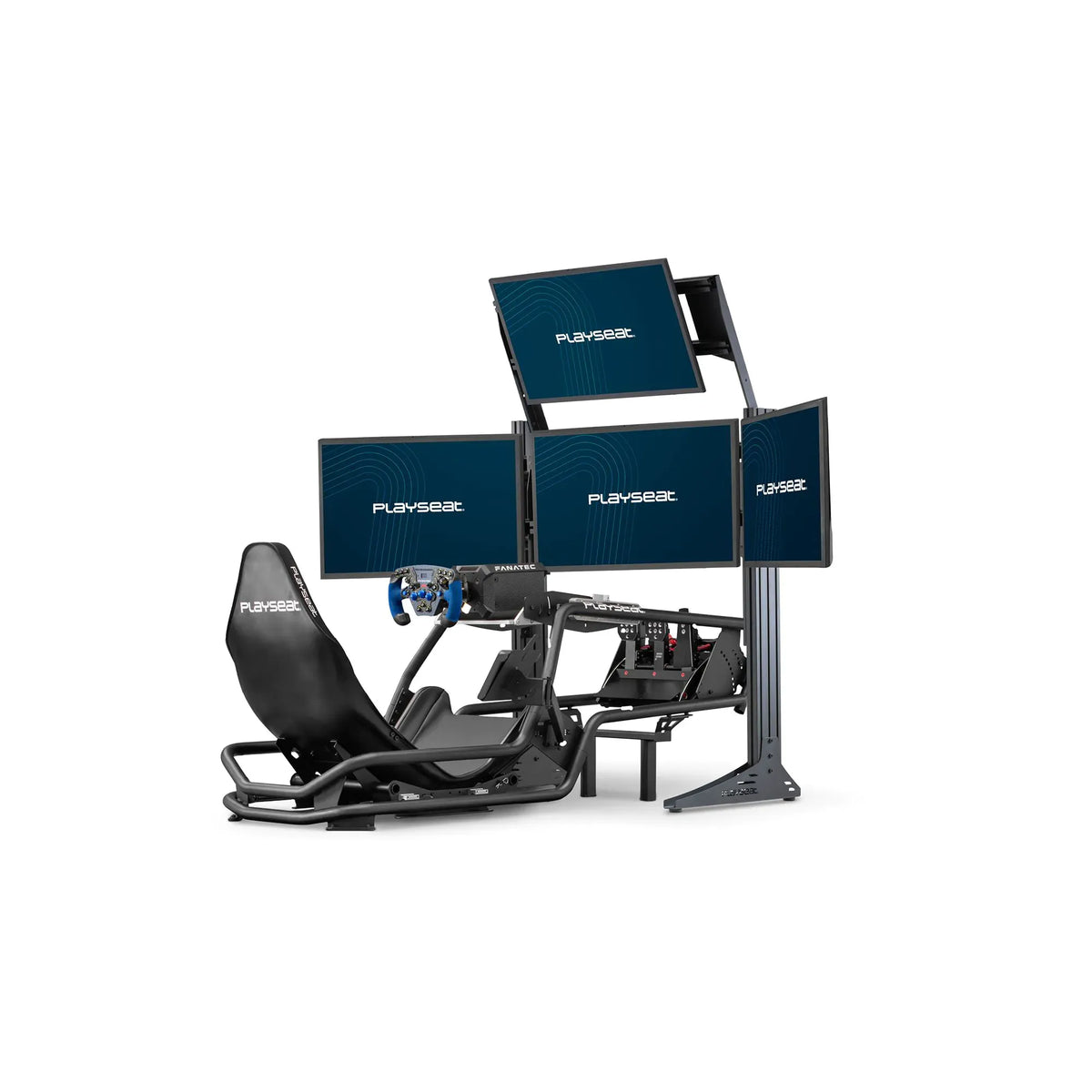 Playseat TV Stand XL Triple with Playseat Formula Intelligence Black with Fanatec steering wheel